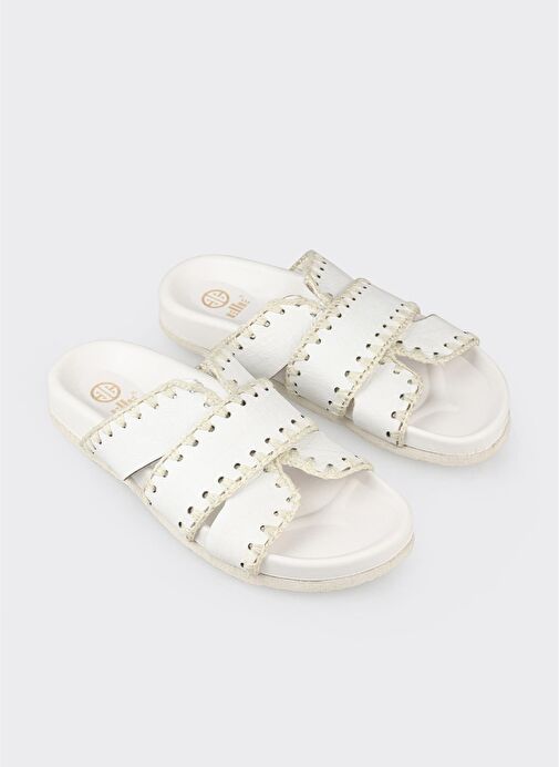 Beyaz Deri Kadın Düz Terlik - Görsel 3