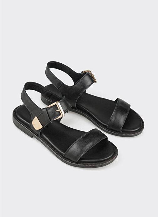 Siyah Deri Kadın Düz Sandalet - Görsel 3