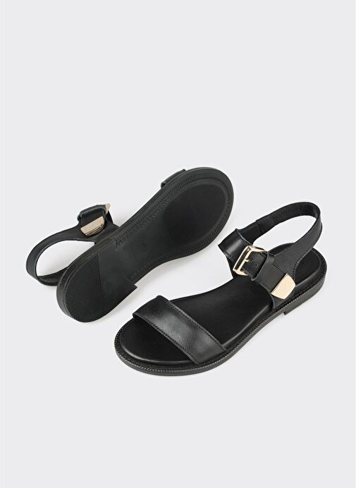 Siyah Deri Kadın Düz Sandalet - Görsel 4
