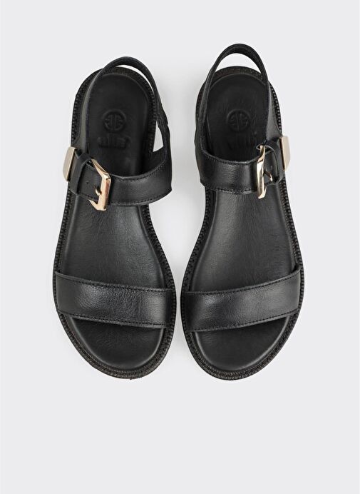 Siyah Deri Kadın Düz Sandalet - Görsel 5