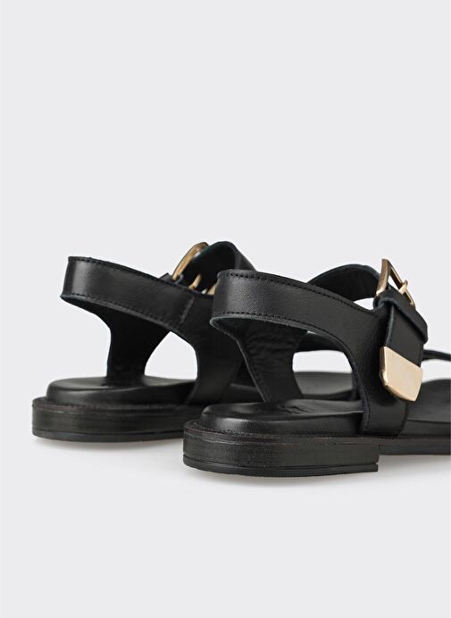 Siyah Deri Kadın Düz Sandalet - Görsel 6