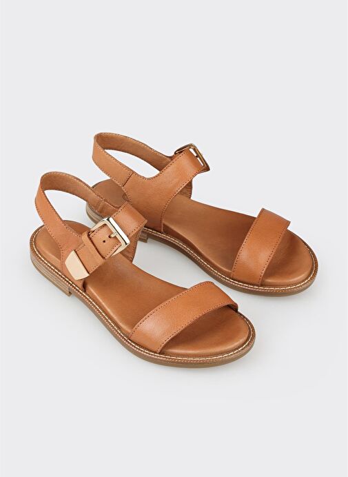 Taba Deri Kadın Düz Sandalet - Görsel 5