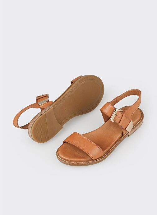 Taba Deri Kadın Düz Sandalet - Görsel 6