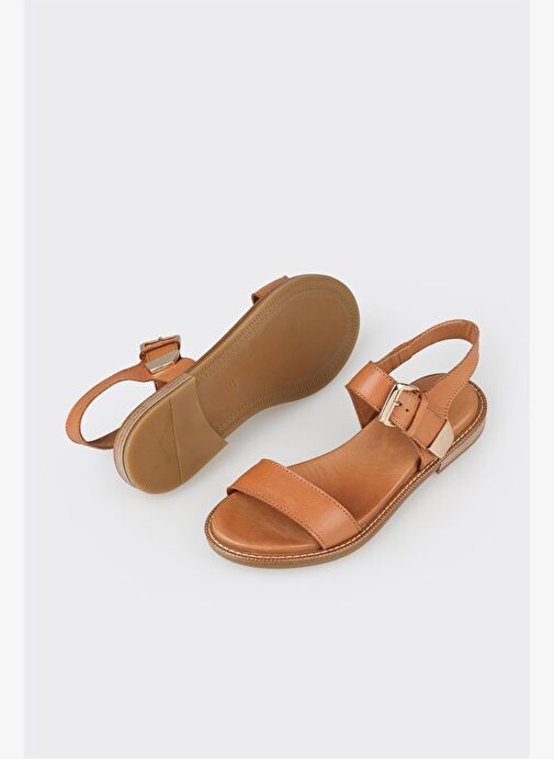 Taba Deri Kadın Düz Sandalet - Görsel 7