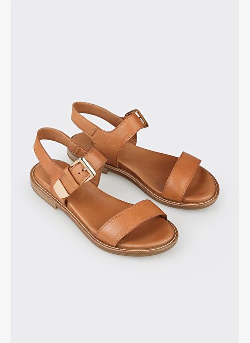 Taba Deri Kadın Düz Sandalet - Görsel 4