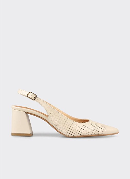 Ekru Deri Kadın Topuklu Ayakkabı - Görsel 2