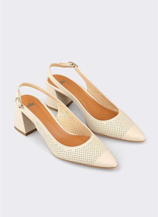Ekru Deri Kadın Topuklu Ayakkabı - Görsel 3