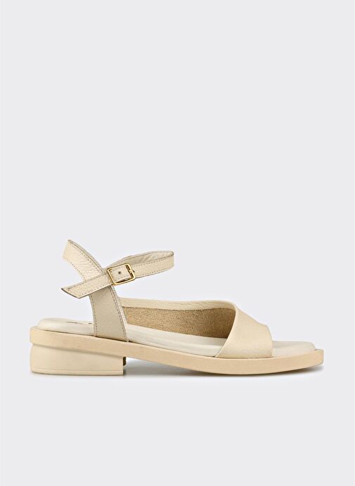 Ekru Deri Kadın Düz Sandalet - Görsel 2