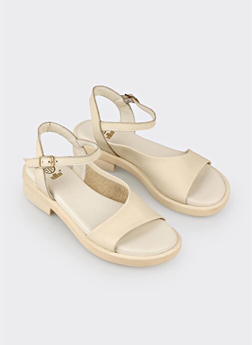 Ekru Deri Kadın Düz Sandalet - Görsel 3