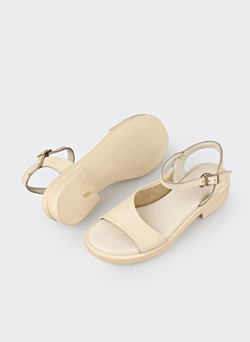 Ekru Deri Kadın Düz Sandalet - Görsel 4