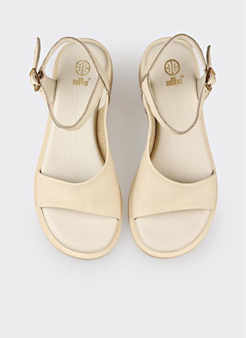 Ekru Deri Kadın Düz Sandalet - Görsel 5
