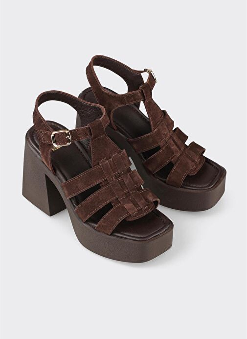 Kahve Deri Kadın Topuklu Sandalet - Görsel 3