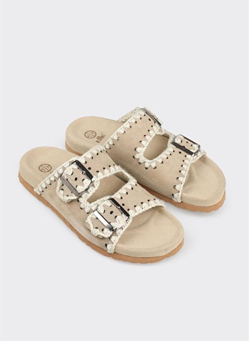 Bej Deri Kadın Düz Terlik - Görsel 3