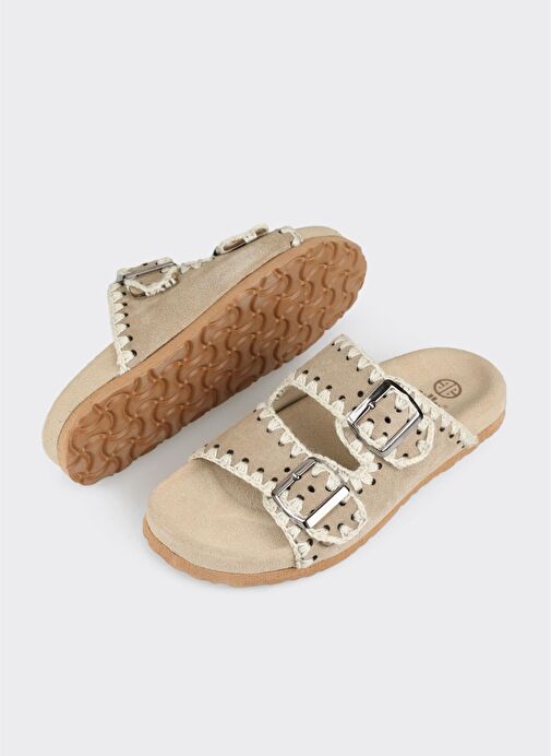 Bej Deri Kadın Düz Terlik - Görsel 4