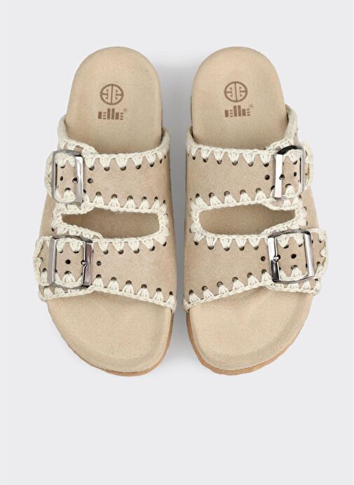 Bej Deri Kadın Düz Terlik - Görsel 5