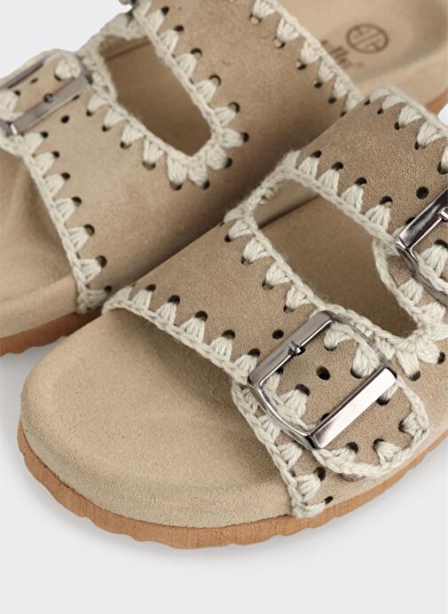 Bej Deri Kadın Düz Terlik - Görsel 6