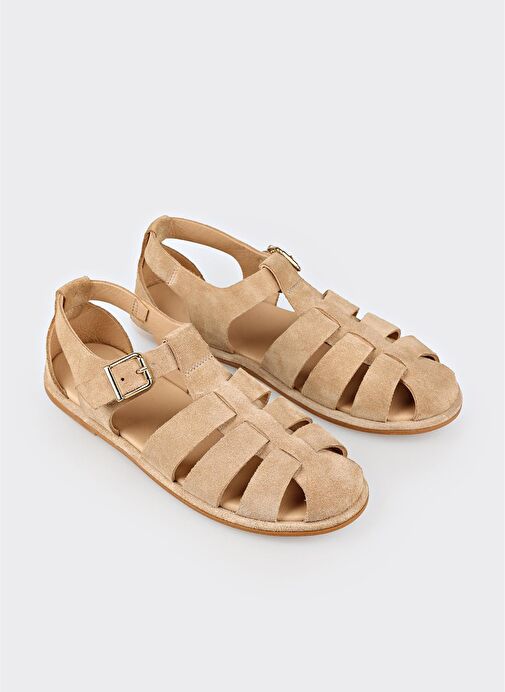 Bej Deri Kadın Düz Sandalet - Görsel 3