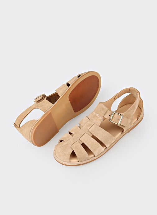 Bej Deri Kadın Düz Sandalet - Görsel 4