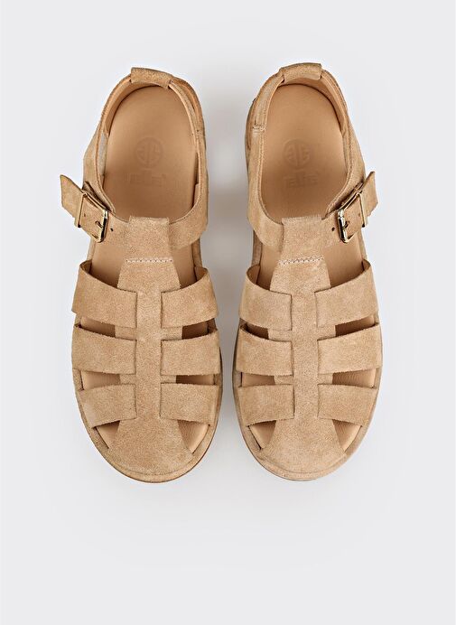 Bej Deri Kadın Düz Sandalet - Görsel 5