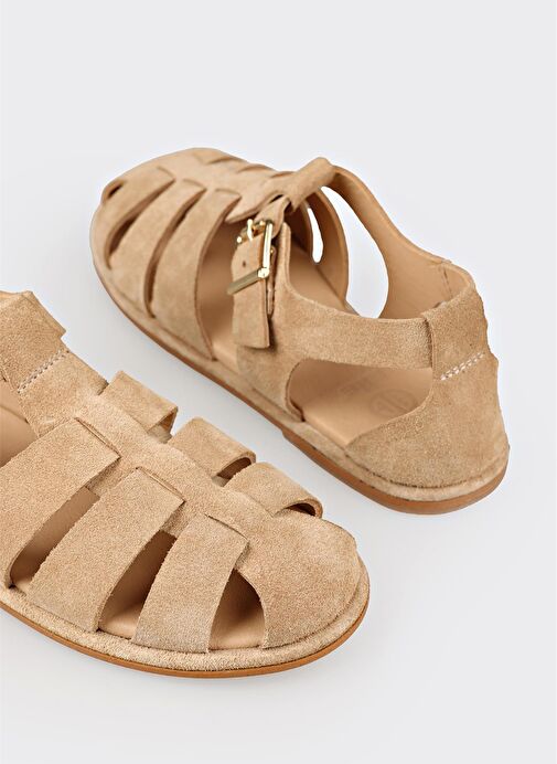 Bej Deri Kadın Düz Sandalet - Görsel 6