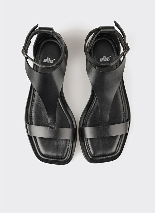 Siyah Deri Kadın Düz Sandalet - Görsel 5
