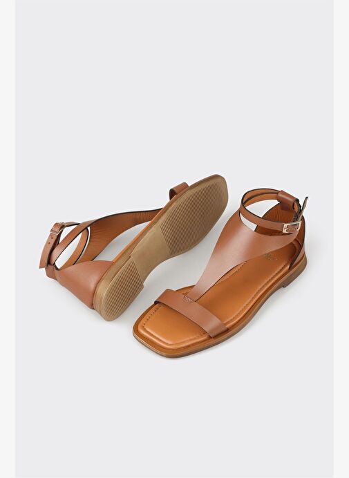 Taba Deri Kadın Düz Sandalet - Görsel 7