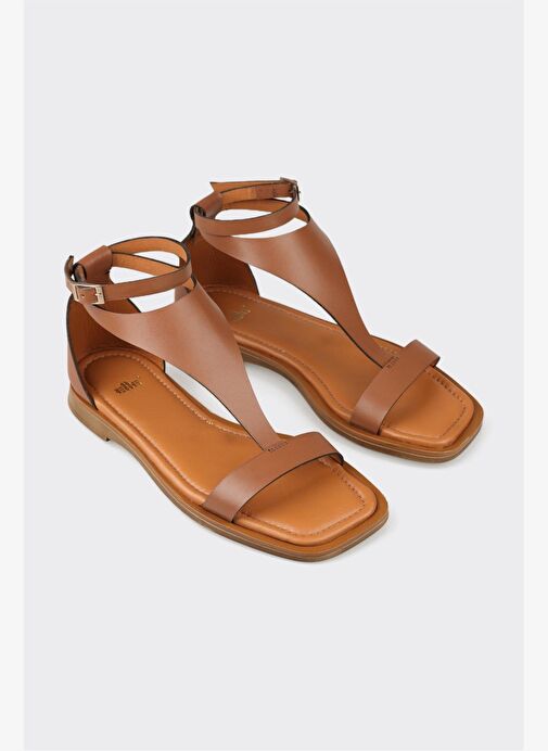 Taba Deri Kadın Düz Sandalet - Görsel 5