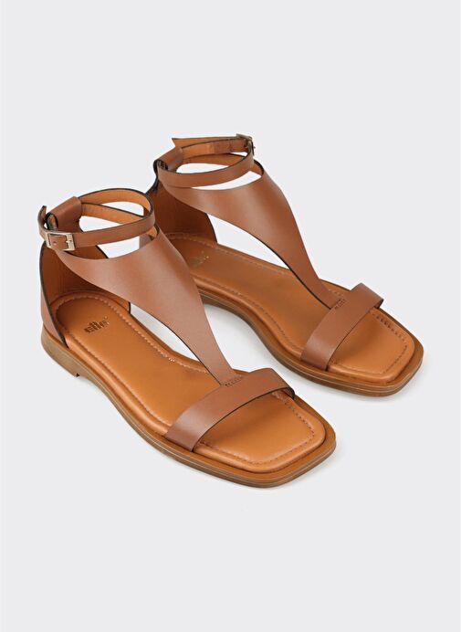 Taba Deri Kadın Düz Sandalet - Görsel 4