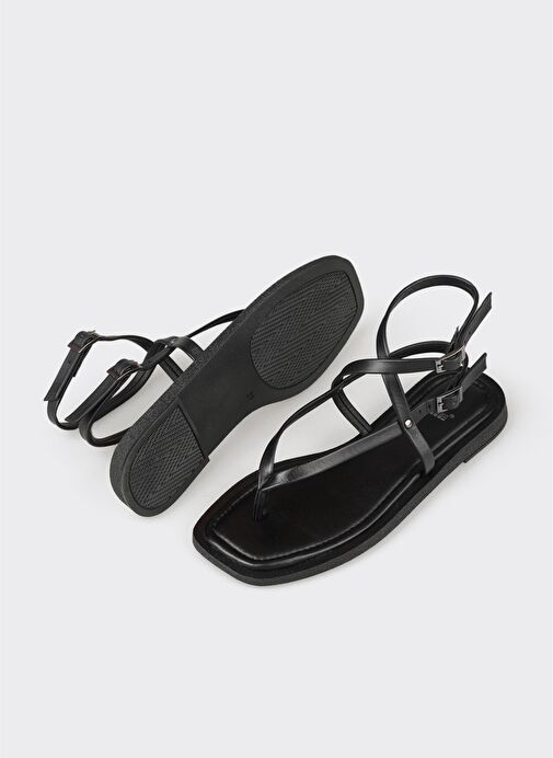 Siyah Deri Kadın Parmak Arası Sandalet - Görsel 5