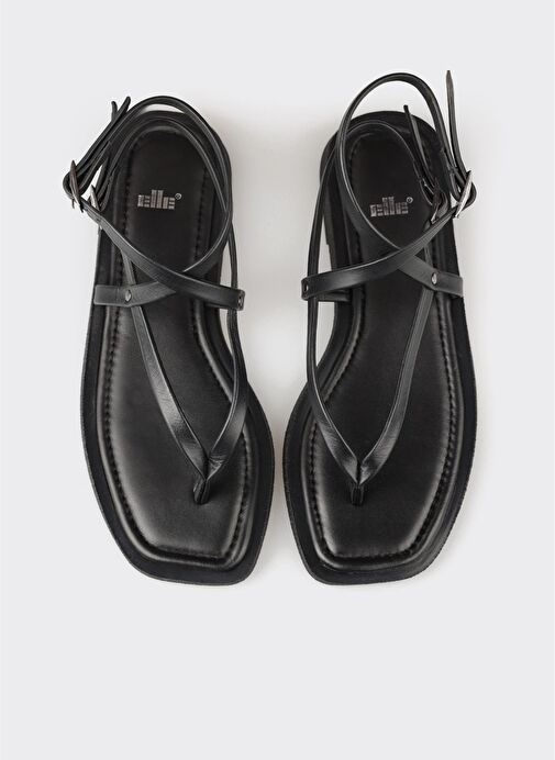 Siyah Deri Kadın Parmak Arası Sandalet - Görsel 7