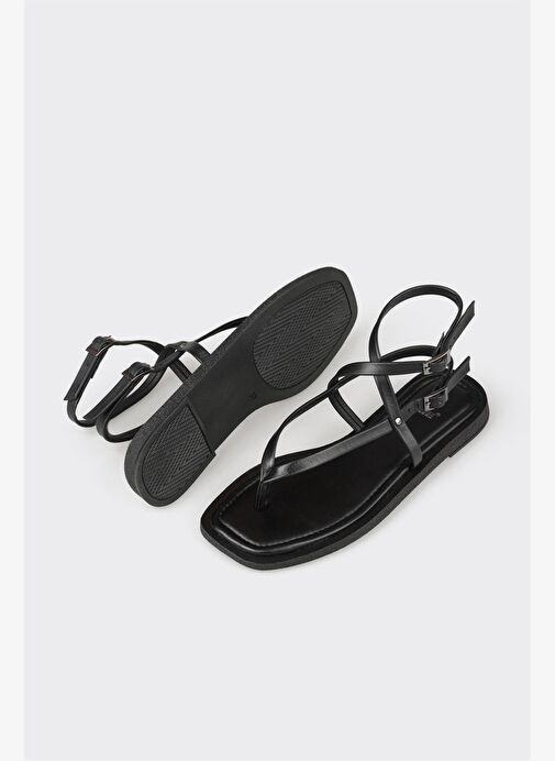 Siyah Deri Kadın Parmak Arası Sandalet - Görsel 8