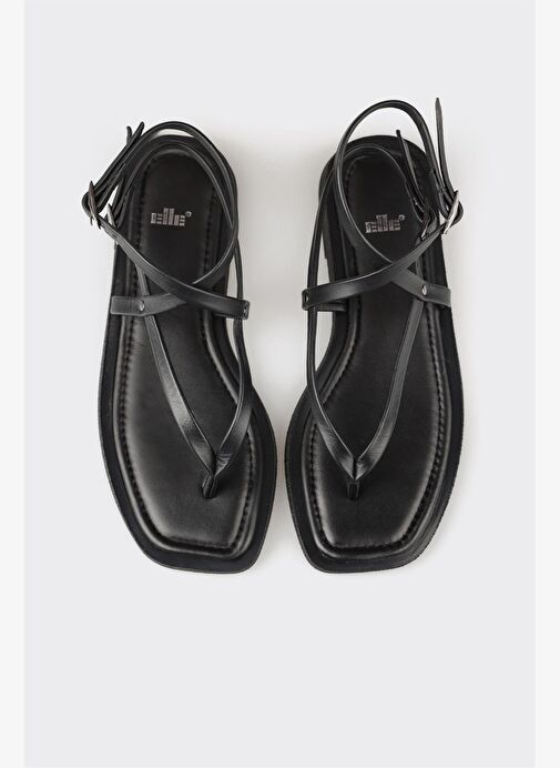 Siyah Deri Kadın Parmak Arası Sandalet - Görsel 10