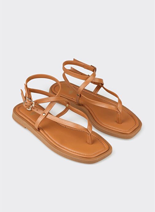 Taba Deri Kadın Parmak Arası Sandalet - Görsel 3