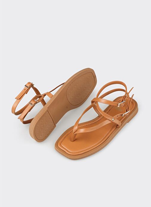 Taba Deri Kadın Parmak Arası Sandalet - Görsel 5