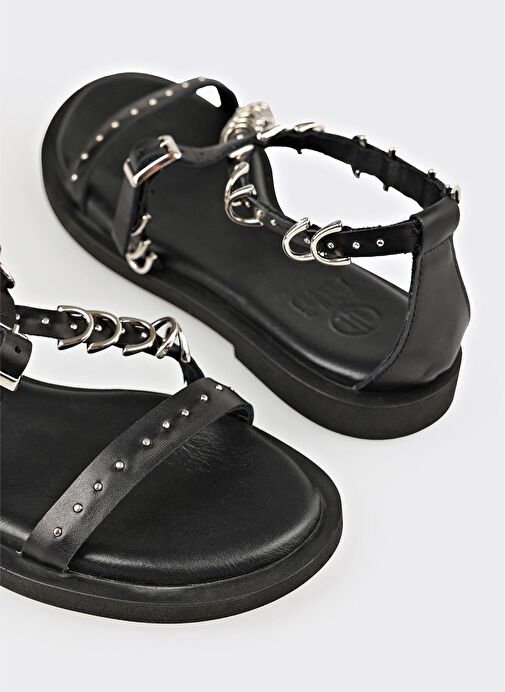 Siyah Deri Kadın Düz Sandalet - Görsel 6