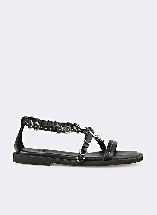 Siyah Deri Kadın Düz Sandalet - Görsel 2