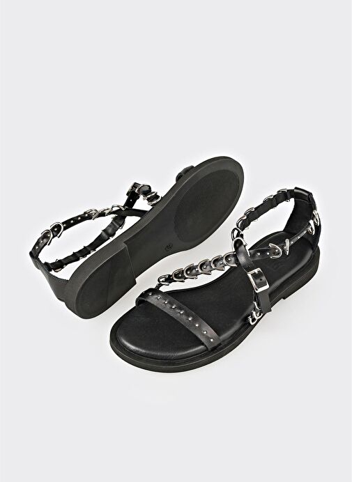 Siyah Deri Kadın Düz Sandalet - Görsel 4