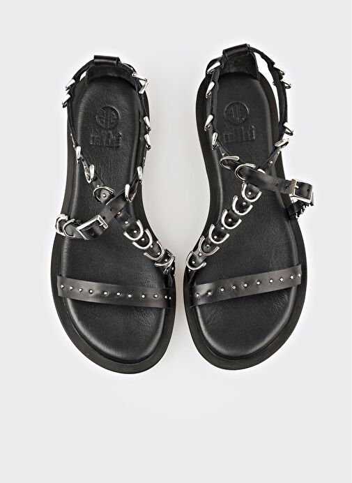 Siyah Deri Kadın Düz Sandalet - Görsel 5