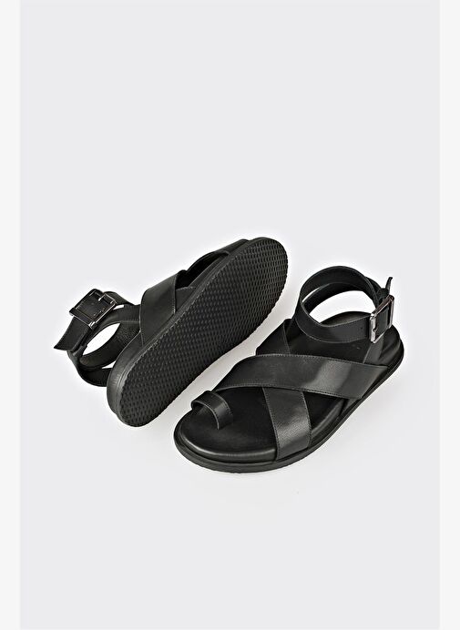 Siyah Deri Kadın Parmak Arası Sandalet - Görsel 7