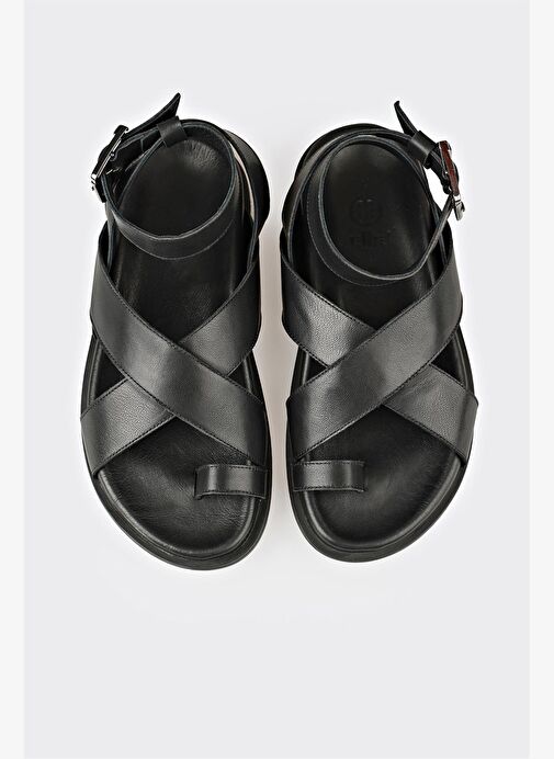 Siyah Deri Kadın Parmak Arası Sandalet - Görsel 9