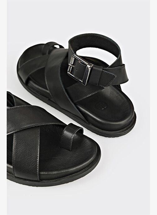 Siyah Deri Kadın Parmak Arası Sandalet - Görsel 11