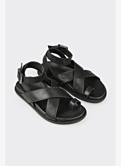 Siyah Deri Kadın Parmak Arası Sandalet - Görsel 5
