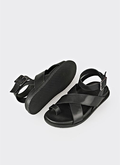 Siyah Deri Kadın Parmak Arası Sandalet - Görsel 6