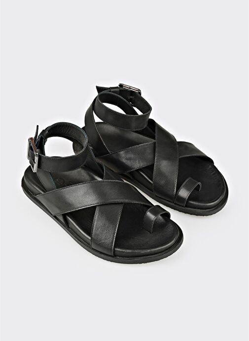 Siyah Deri Kadın Parmak Arası Sandalet - Görsel 4