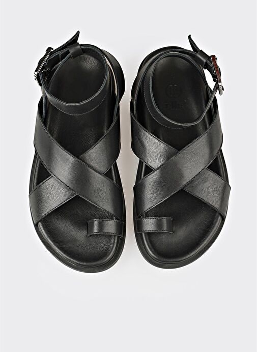 Siyah Deri Kadın Parmak Arası Sandalet - Görsel 8