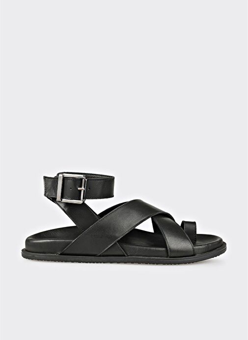Siyah Deri Kadın Parmak Arası Sandalet - Görsel 3