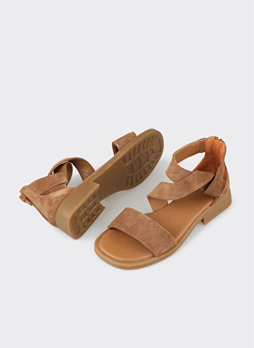 Taba Deri Kadın Düz Sandalet - Görsel 4