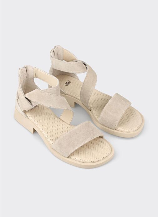 Bej Deri Kadın Düz Sandalet - Görsel 3