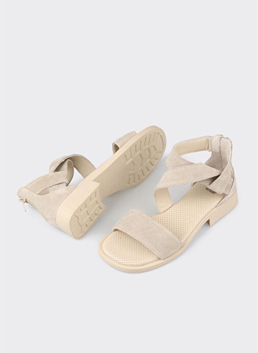 Bej Deri Kadın Düz Sandalet - Görsel 4