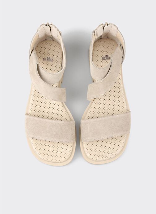 Bej Deri Kadın Düz Sandalet - Görsel 5